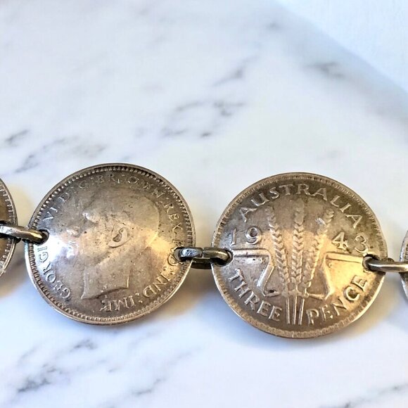 Australian Silver Coins WII Sweetheart Bracelet Shell Trench Art 6" - Picture 9 of 16